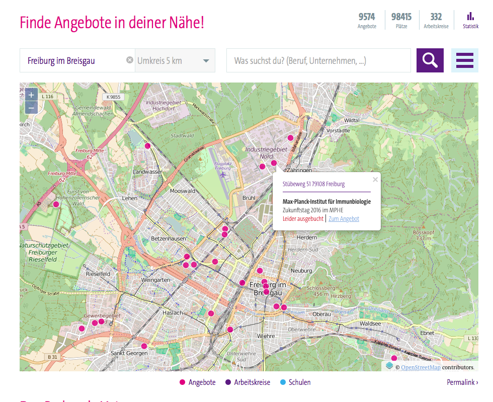 Screenshot der Girls' Day-Aktionswebsite mit Angeboten Freiburg