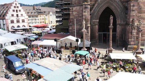 A short tour on the market. – On 14 and 15 July 2017, the motto was once again "Knowledge - Amazement - Participation" at the Freiburg Science Fair on the Münsterplatz in the heart of the city. The event is a cooperation between the Albert-Ludwigs-University of Freiburg and Freiburg Wirtschaft Touristik und Messe (FWTM) and takes place every two years.