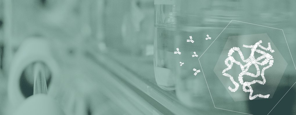 Laboratory shelves with hexagonal molecular structure overlay.