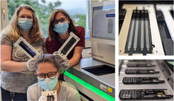 Sequencing Technology. Left: NovaSeq instrument. Top Right: Flowcell for short-read sequencing (NovaSeq). Bottom Right: Flowcell for long-read sequencing (GridION)