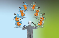 A conductor wearing colored gloves conducts six stylized figures playing cellos in two groups, surrounded by a gradient background.