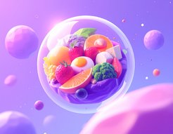 A floating bubble symbolizing a stem cell contains various foods such as broccoli, strawberries, an egg, and oranges, surrounded by a purple background with additional shattered bubbles.